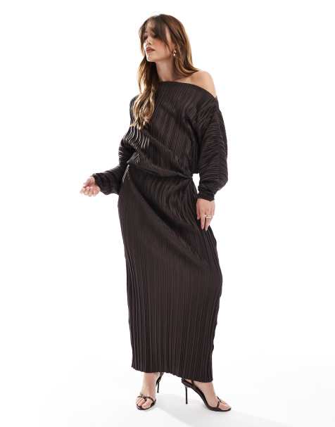 ASOS DESIGN – Langärmliges Plissee-Midikleid in Schokobraun mit abfallender Schulterpartie - view 1