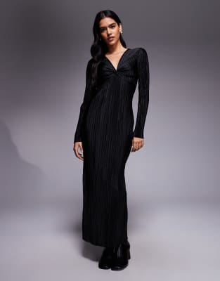 ASOS DESIGN - Langärmliges Plissee-Midikleid in Schwarz mit verdrehter Vorderseite