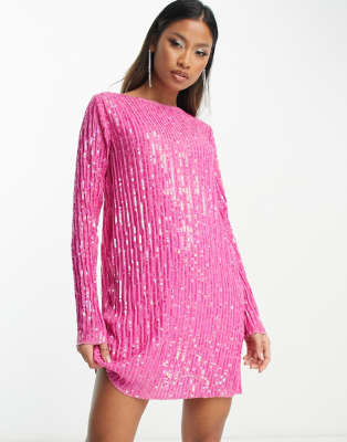 ASOS DESIGN - Langärmliges, plissiertes Etui-Minikleid in Rosa mit Pailletten-Neutral