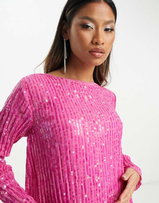 ASOS DESIGN – Langärmliges, plissiertes Etui-Minikleid in Rosa mit Pailletten, 3 von 4