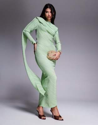ASOS DESIGN – Langärmliges, plissiertes Maxikleid in Mintgrün mit Drapierung - view 1