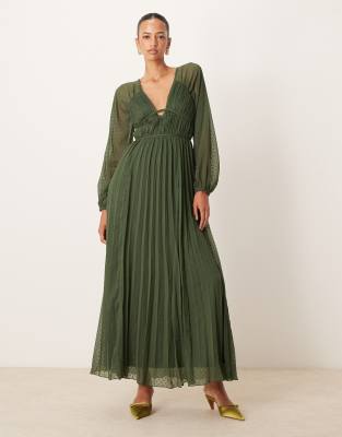 ASOS DESIGN - Langärmliges, plissiertes Midaxikleid in Khaki mit tiefem Ausschnitt-Bunt