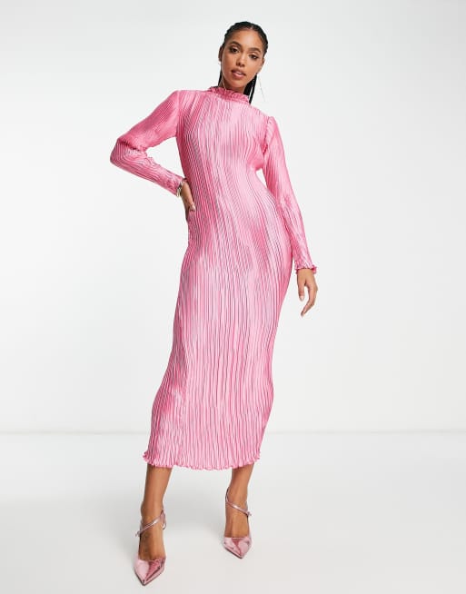 ASOS DESIGN – Langärmliges plissiertes Midikleid in Rosa