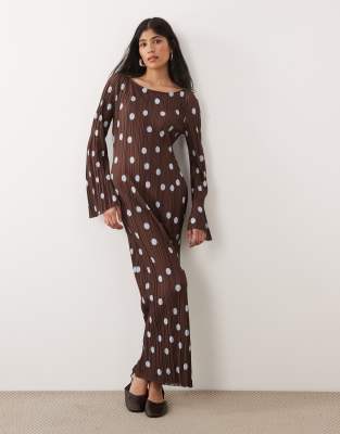 Langärmliges, plissiertes Midikleid mit Polka-Dot-Muster-Mehrfarbig Mehrfarbig L