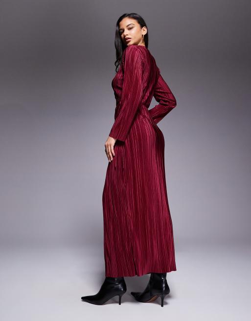 ASOS DESIGN – Langärmliges, plissiertes Wickel-Maxikleid in Weinrot mit Taillenschnürung, 4 von 4