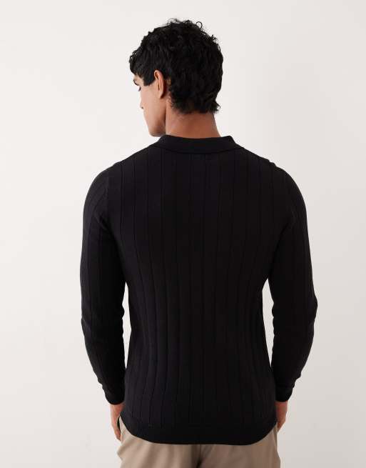 ASOS DESIGN – Langärmliges Polo-Muskelshirt aus Rippstrick in Schwarz, 3 von 5