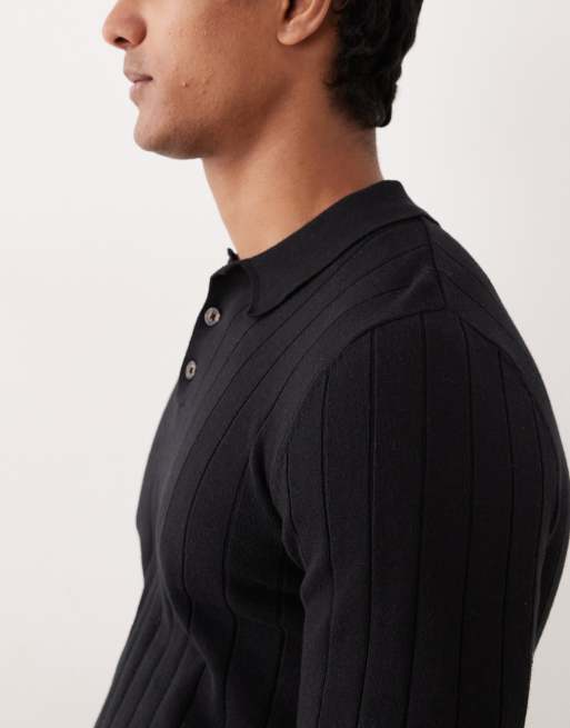 ASOS DESIGN – Langärmliges Polo-Muskelshirt aus Rippstrick in Schwarz, 4 von 5