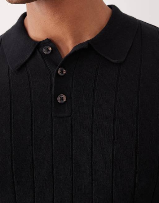 ASOS DESIGN – Langärmliges Polo-Muskelshirt aus Rippstrick in Schwarz, 5 von 5