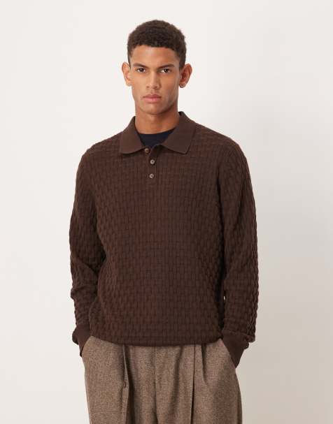 ASOS DESIGN – Langärmliges Polo-Oberteil in Braun aus strukturiertem Strick - view 1
