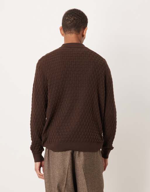 ASOS DESIGN – Langärmliges Polo-Oberteil in Braun aus strukturiertem Strick, 3 von 5