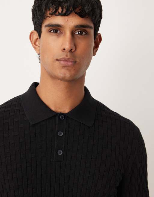 ASOS DESIGN – Langärmliges Polo-Oberteil in Schwarz aus strukturiertem Strick, 5 von 5