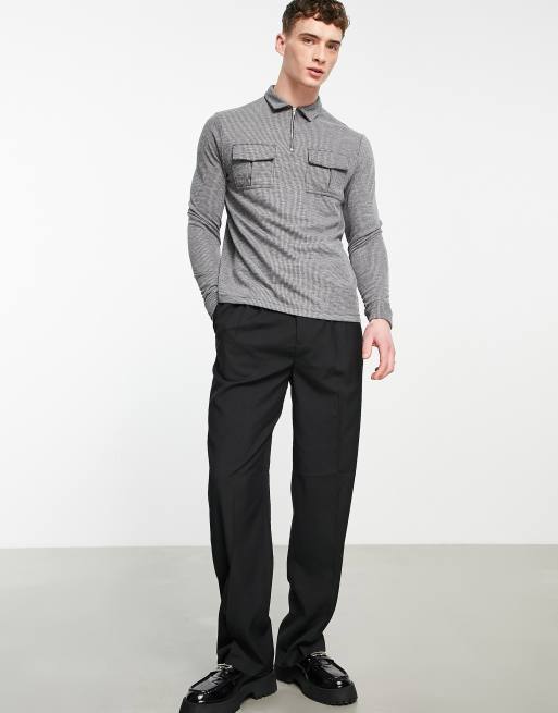 ASOS DESIGN Langarmliges Polo Shirt in elegantem Grau mit Taschen ASOS