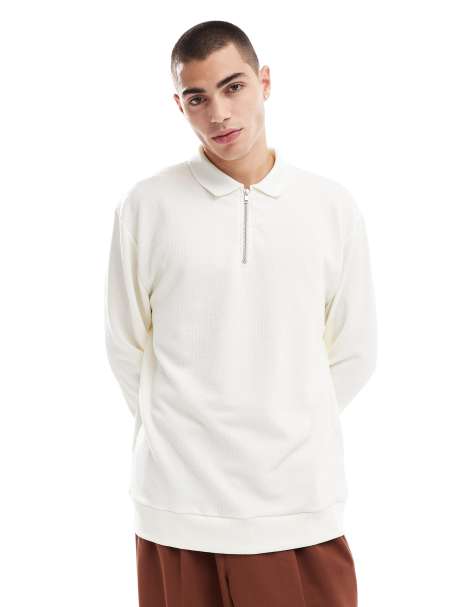 ASOS DESIGN – Langärmliges Polohemd in Cremeweiß mit kurzem Reißverschluss und lockerem Schnitt - view 1