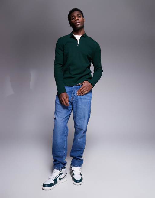 ASOS DESIGN – Langärmliges Polohemd in Dunkelgrün mit Reißverschluss und Waffelstruktur, 2 von 4