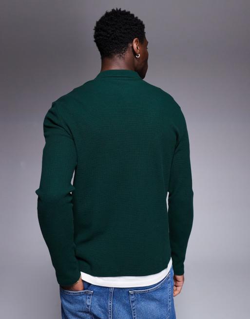 ASOS DESIGN – Langärmliges Polohemd in Dunkelgrün mit Reißverschluss und Waffelstruktur, 4 von 4