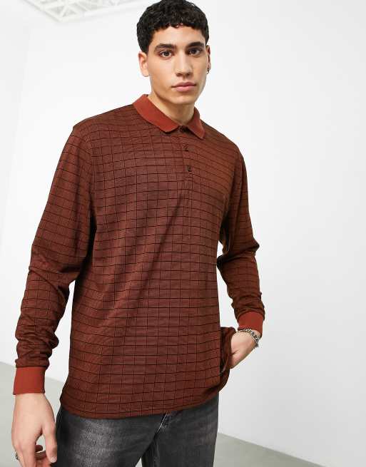 ASOS DESIGN – Langärmliges Polohemd mit Karomuster in Orange 
