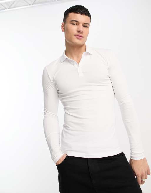 ASOS DESIGN – Langärmliges Polohemd mit körperbetontem Schnitt in Weiß