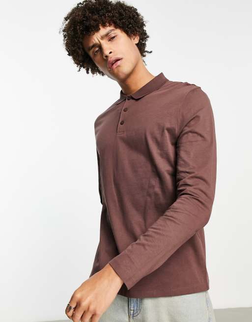 ASOS DESIGN – Langärmliges Poloshirt in Dunkelbraun