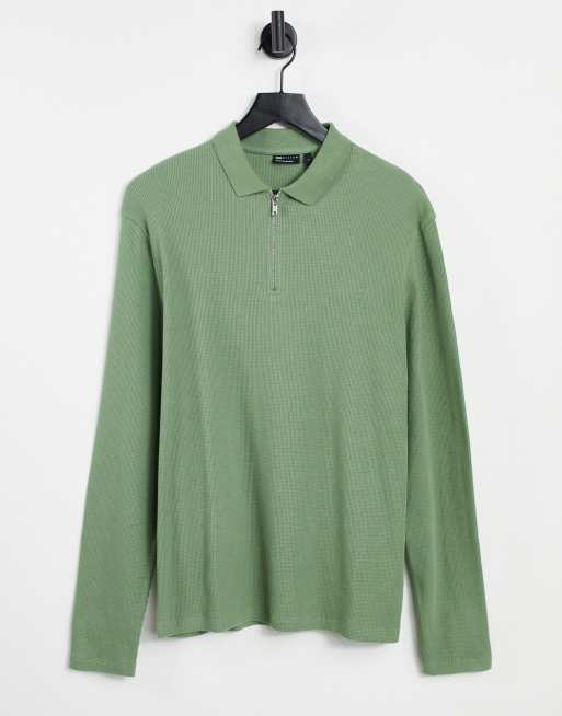 ASOS DESIGN – Langärmliges Poloshirt in Grün mit kurzem Reißverschluss und Waffelmuster