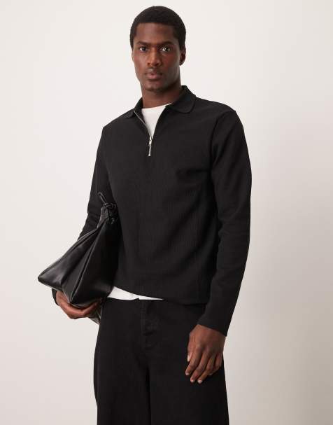 ASOS DESIGN – Langärmliges Poloshirt in Schwarz mit Waffelstruktur - view 1