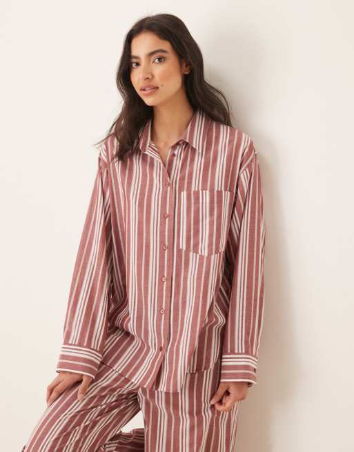 ASOS DESIGN – Langärmliges Pyjama-Hemd aus Webstoff in Rot und Weiß gestreift