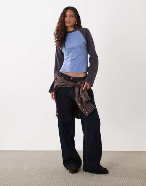 ASOS DESIGN langärmliges Raglan-Oberteil mit tailliertem Bund in Blau - view 1