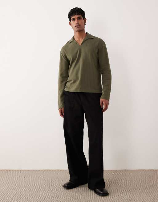 ASOS DESIGN – Langärmliges Relaxed-Fit-Oberteil in Khaki mit Polokragen und Struktur, 2 von 5