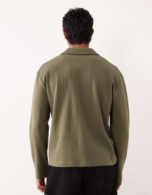 ASOS DESIGN – Langärmliges Relaxed-Fit-Oberteil in Khaki mit Polokragen und Struktur, 3 von 5