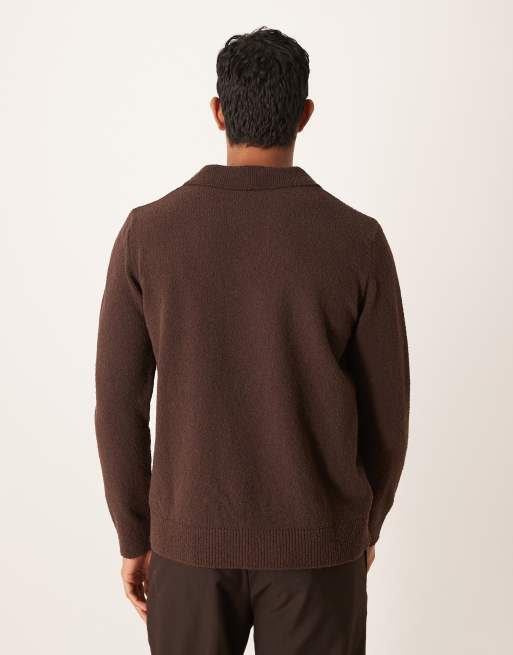 ASOS DESIGN – Langärmliges Relaxed-Fit-Polohemd in Braun mit eingekerbtem Ausschnitt und Strukturmuster, 3 von 5