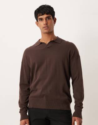 Langärmliges Relaxed-Fit-Polohemd in Braun mit eingekerbtem Ausschnitt-Brown Brown M