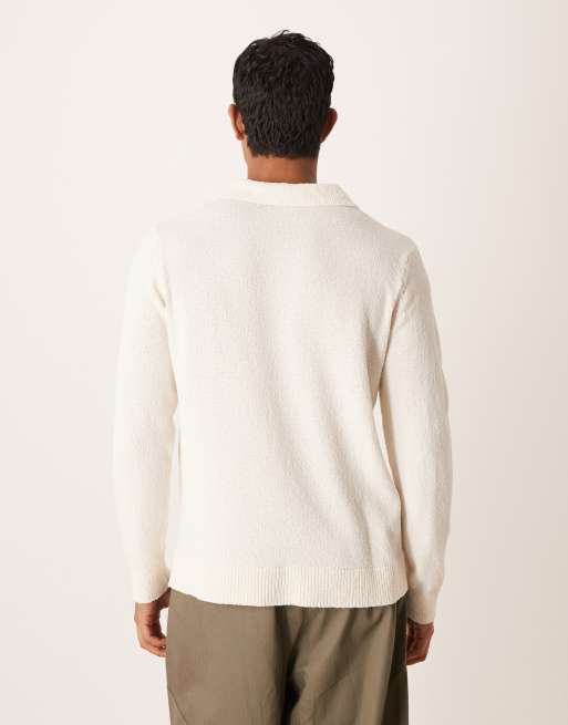 ASOS DESIGN – Langärmliges Relaxed-Fit-Polohemd in Ecru mit eingekerbtem Ausschnitt und Strukturmuster, 3 von 5