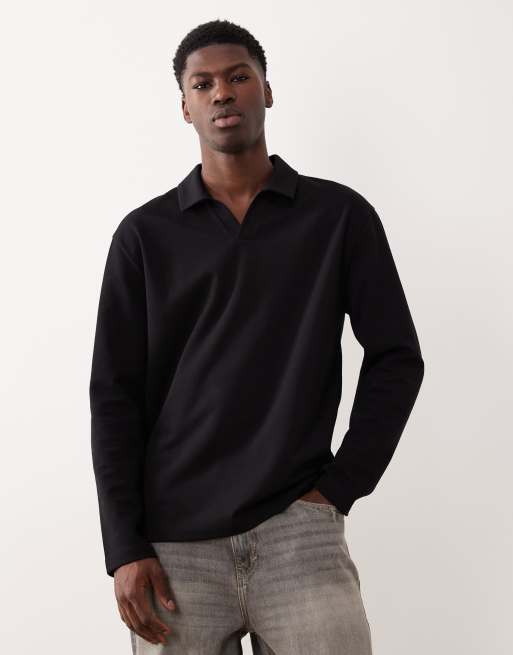 ASOS DESIGN – Langärmliges Relaxed-Fit-Polohemd in schwarz aus schwerem breatheMAX™-Baumwollmix mit Reverskragen