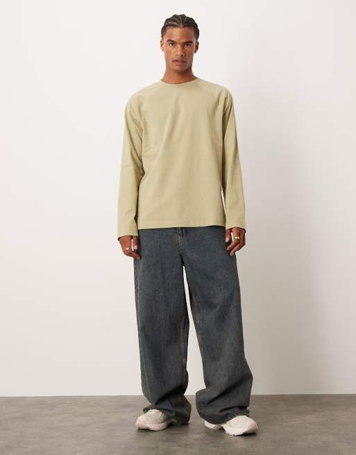 ASOS DESIGN – Langärmliges Relaxed Fit Raglan-Shirt aus schwerem Stoff in Khaki, 2 von 5