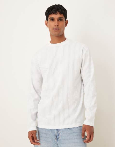 ASOS DESIGN – Langärmliges Relaxed-Fit-Shirt mit Strukturstreifen in Blau und Wollweiß - view 1