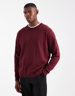 Langärmliges Relaxed-Fit-T-Shirt aus Strick in Burgunderrot mit Rundhalsausschnitt Rot S