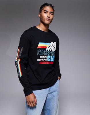 Langärmliges Relaxed-Fit-T-Shirt in Schwarz mit Ski Sport-Print Schwarz S