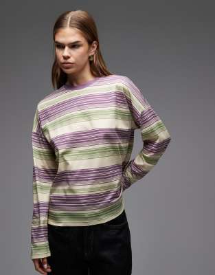 ASOS DESIGN - Langärmliges Ringer-T-Shirt in Feige mit Streifen-Lila