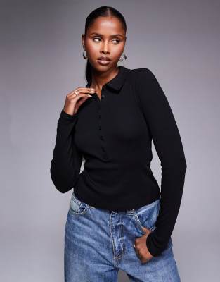ASOS DESIGN - Langärmliges Ripp-Oberteil in Schwarz mit Polokragen