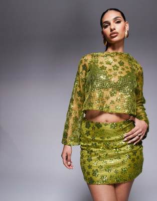 ASOS DESIGN - Langärmliges, rückenfreies Oberteil mit Blumenmuster und Pailletten, Kombiteil-Grün