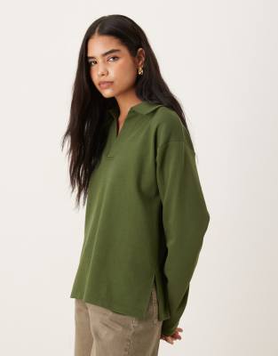 ASOS DESIGN - Langärmliges Rugby-Oberteil aus Interlock-Stoff in Khaki-Grün