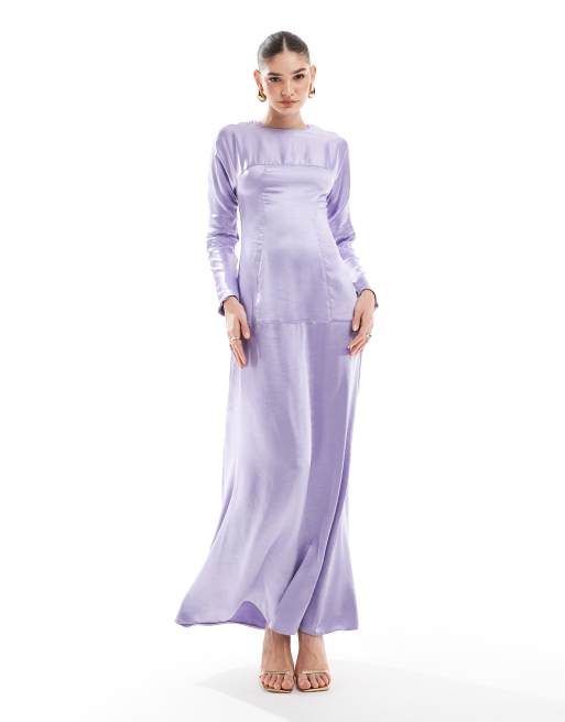 ASOS DESIGN – Langärmliges Satin-Maxikleid in Flieder mit Ziernaht