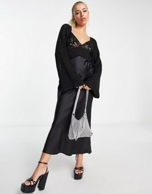 ASOS DESIGN long sleeve crochet bodice satin maxi dress in black - ASOS Price Checker