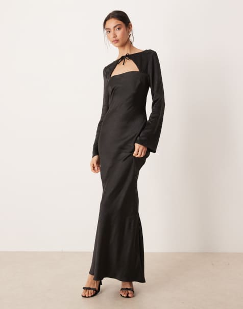 ASOS DESIGN – Langärmliges Satin-Maxikleid in Schwarz - view 1