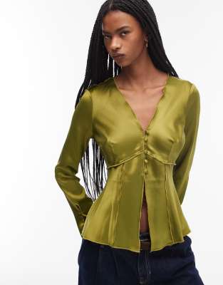 ASOS DESIGN - Langärmliges Satin-Oberteil in Olivgrün mit Bindebändern vorne