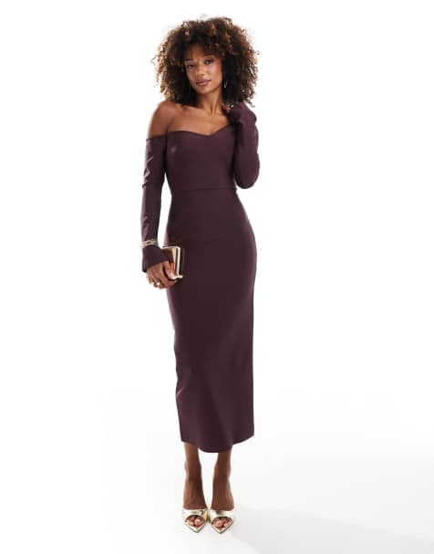 ASOS DESIGN – Langärmliges, schulterfreies Bandagen-Midikleid in Pflaume - view 1