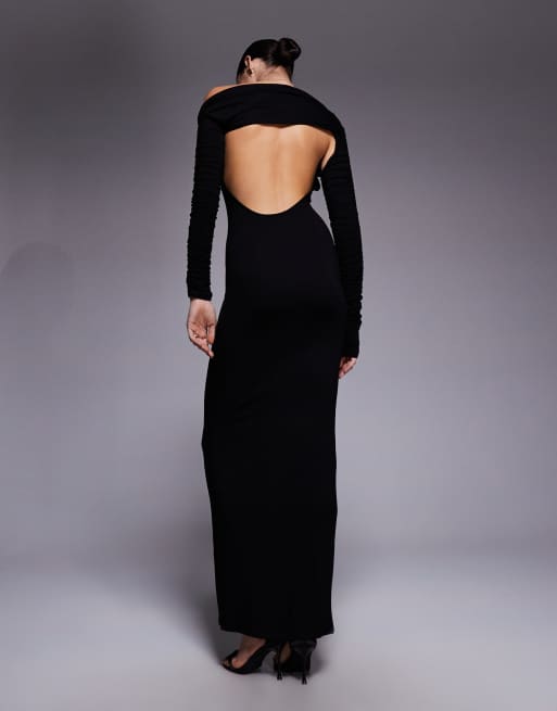 ASOS DESIGN – Langärmliges, schulterfreies Maxikleid in Schwarz mit asymmetrischem Rückenausschnitt, 3 von 4