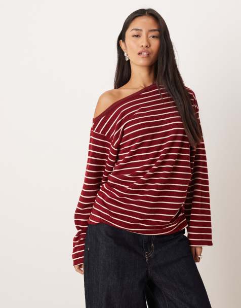 ASOS DESIGN – Langärmliges, schulterfreies Oberteil in Burgunderrot mit Streifen und Korsett-Taille - view 1