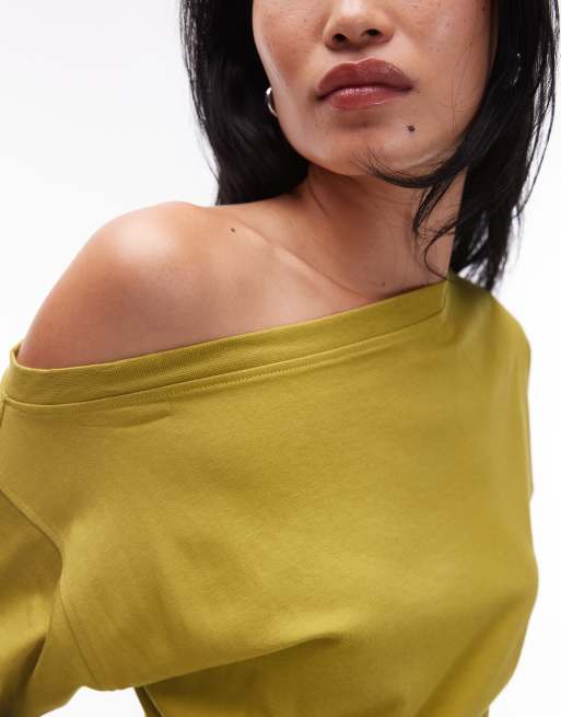 ASOS DESIGN – Langärmliges, schulterfreies Shirt in Olivgrün mit Korsett-Taille, 3 von 4
