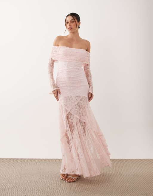 ASOS DESIGN – Langärmliges, schulterfreies Spitzen-Maxikleid in zartem Flieder, 2 von 4