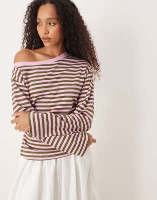 ASOS DESIGN - Langärmliges, schulterfreies T-Shirt in Rosa und Grün mit Korsett-Taille und Streifen-Bunt